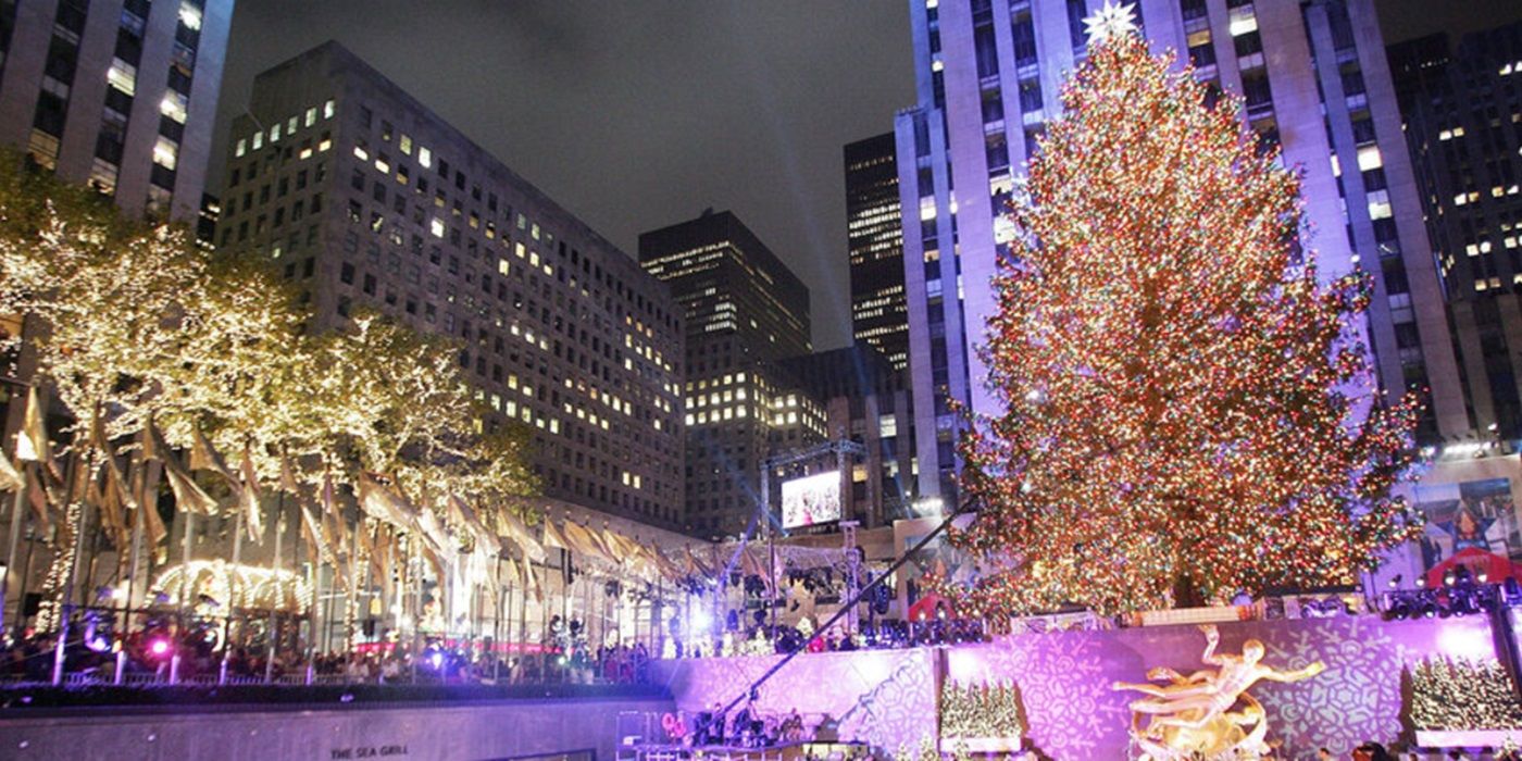 An earlier lighted Christmas tree at Christmas in Rockefeller Center