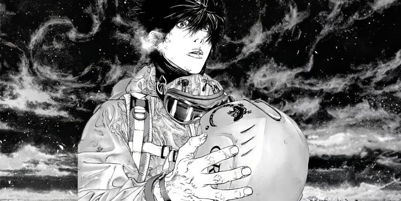 Buntaro holding helmet and looking shocking in The Climber manga