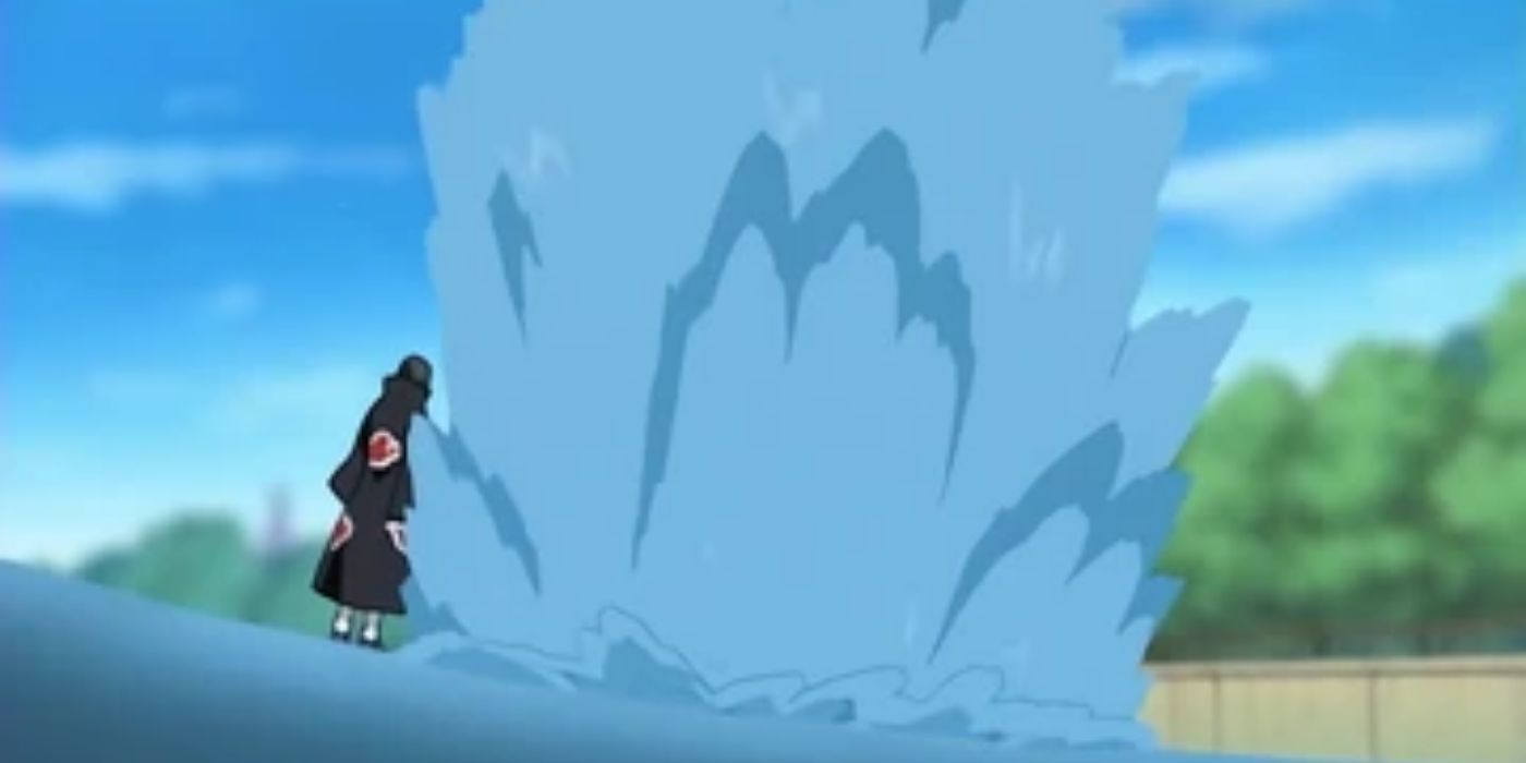 Water explosion in front of Itachi in Naruto.
