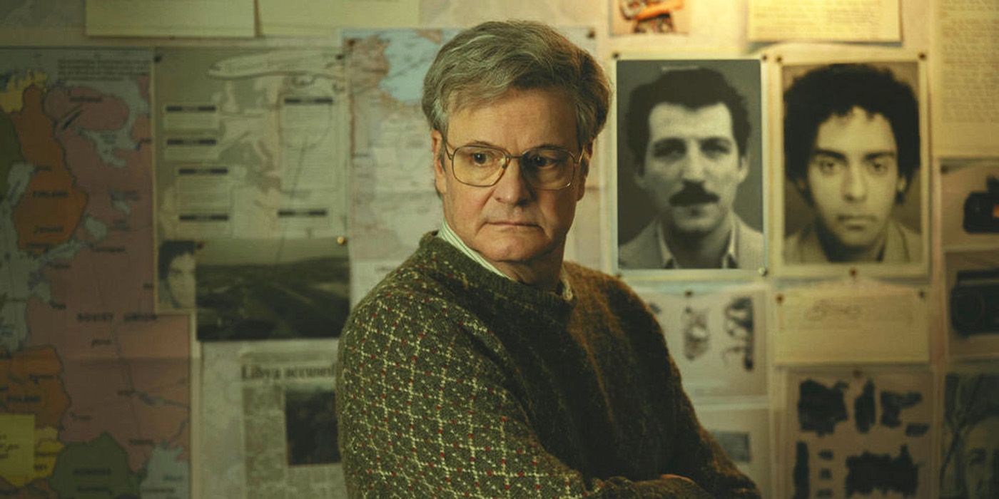 Colin Firth in front of a conspiracy board in Lockerbie