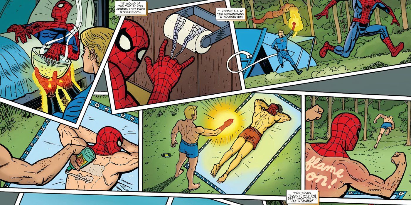 A collage of Spider-Man and Human Torch pranking each other in Marvel Comics.