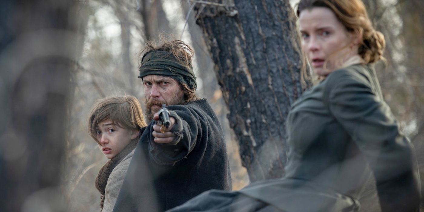 Preston Mota, Taylor Kitsch, and Betty Gilpin in American Primeval 