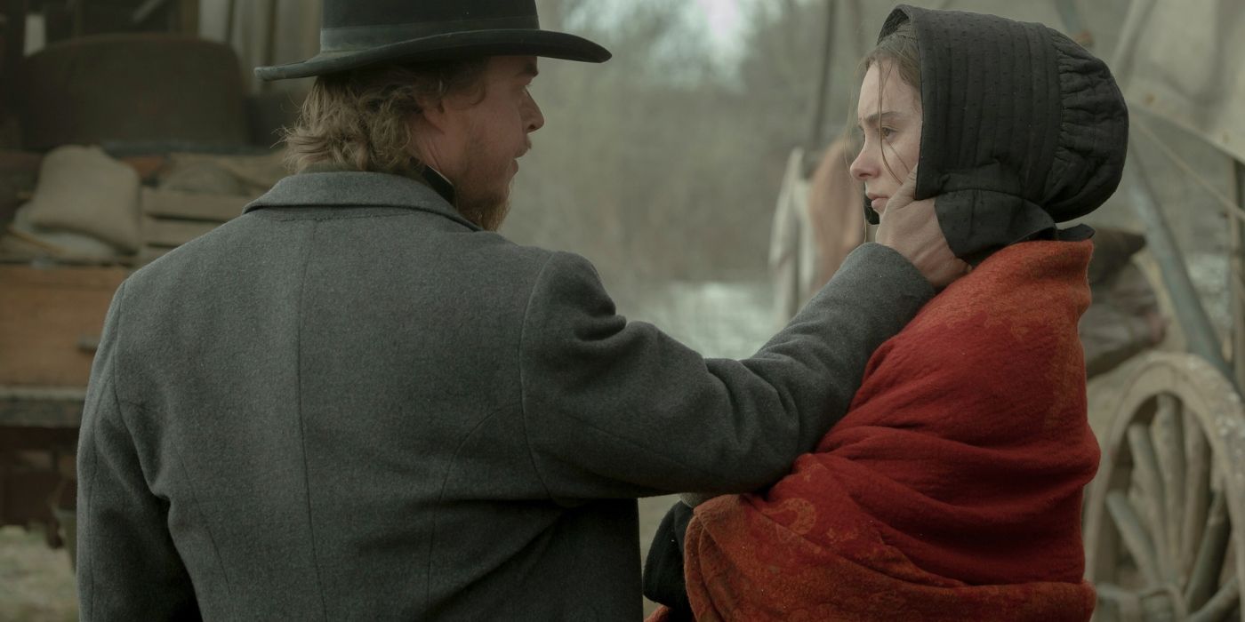 Saura Lightfoot-Leon and Dane DeHaan in historic clothing in American Primeval. 