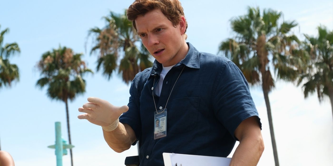 Patrick Gibson looking awkward at a crime scene in Dexter: Original Sin Episode 4