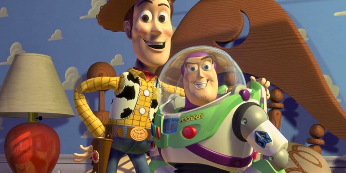 Woody (voiced by Tom Hanks) with his arm around Buzz Lightyear (voiced by Tim Allen) in Toy Story 4