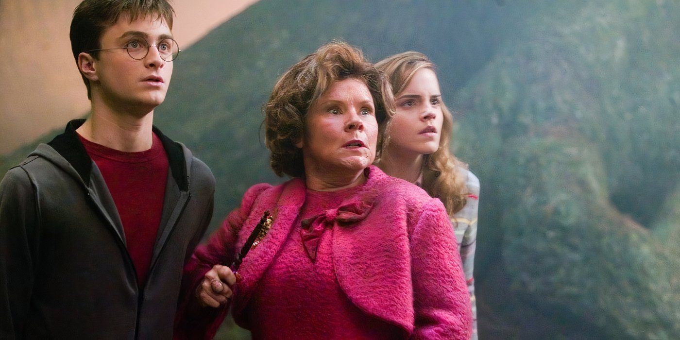 Harry (Daniel Radcliffe), Hermione (Emma Watson), and Professor Umbridge (Imelda Staunton) in the Forbidden Forest in 'Harry Potter and the Order of the Phoenix'