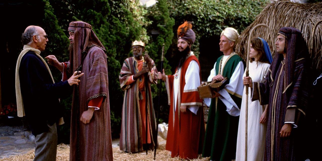 Larry David with the cast of a Nativity scene in the &lsquo;Curb Your Enthusiasm&rsquo; Season 3 Christmas Special
