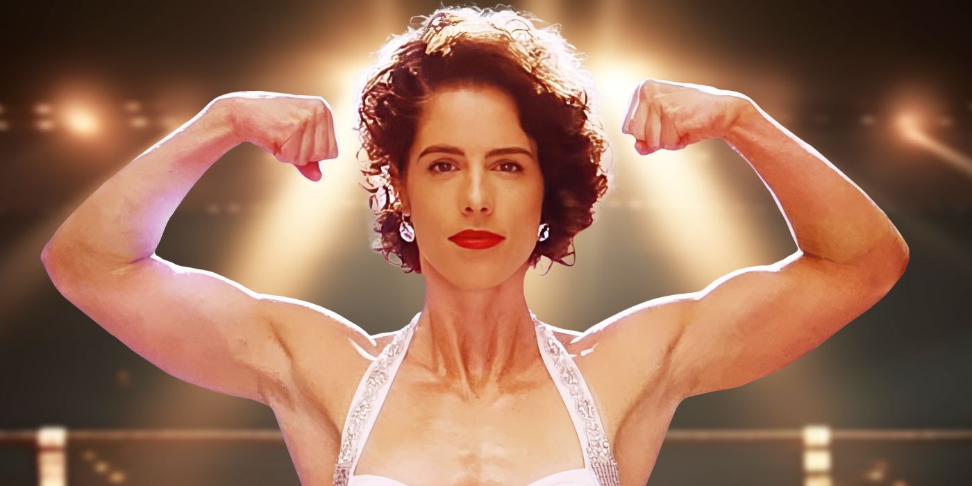 Image from Jefferson Chacon of Emily Bett Rickards as Mildred Burke with flexed muscles in Queen of the Ring