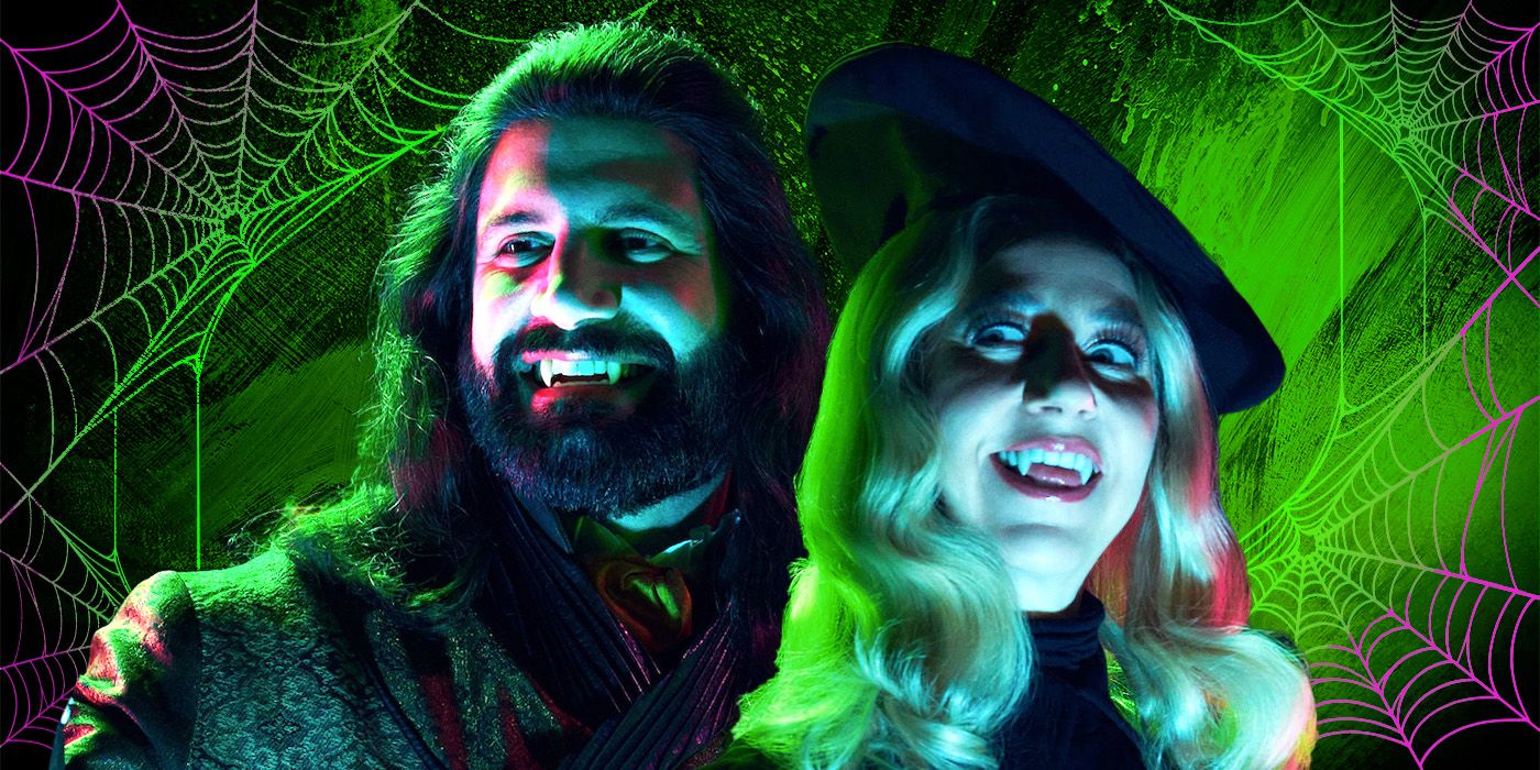 Image from Zanda Rice of Kayvan Novak as Nandor behind Kristen Schaal as The Guide in What We Do in the Shadows