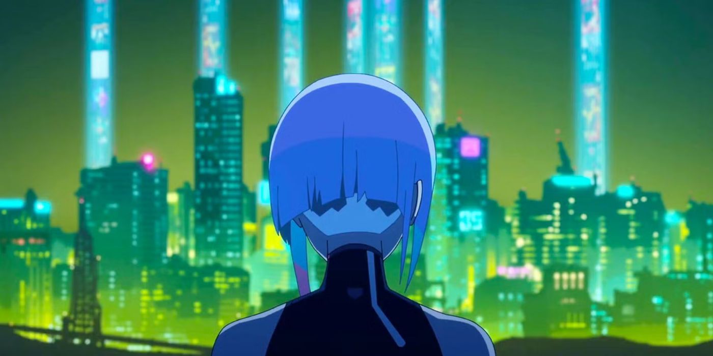 Lucy looking at Night City from Cyberpunk: Edgerunners anime