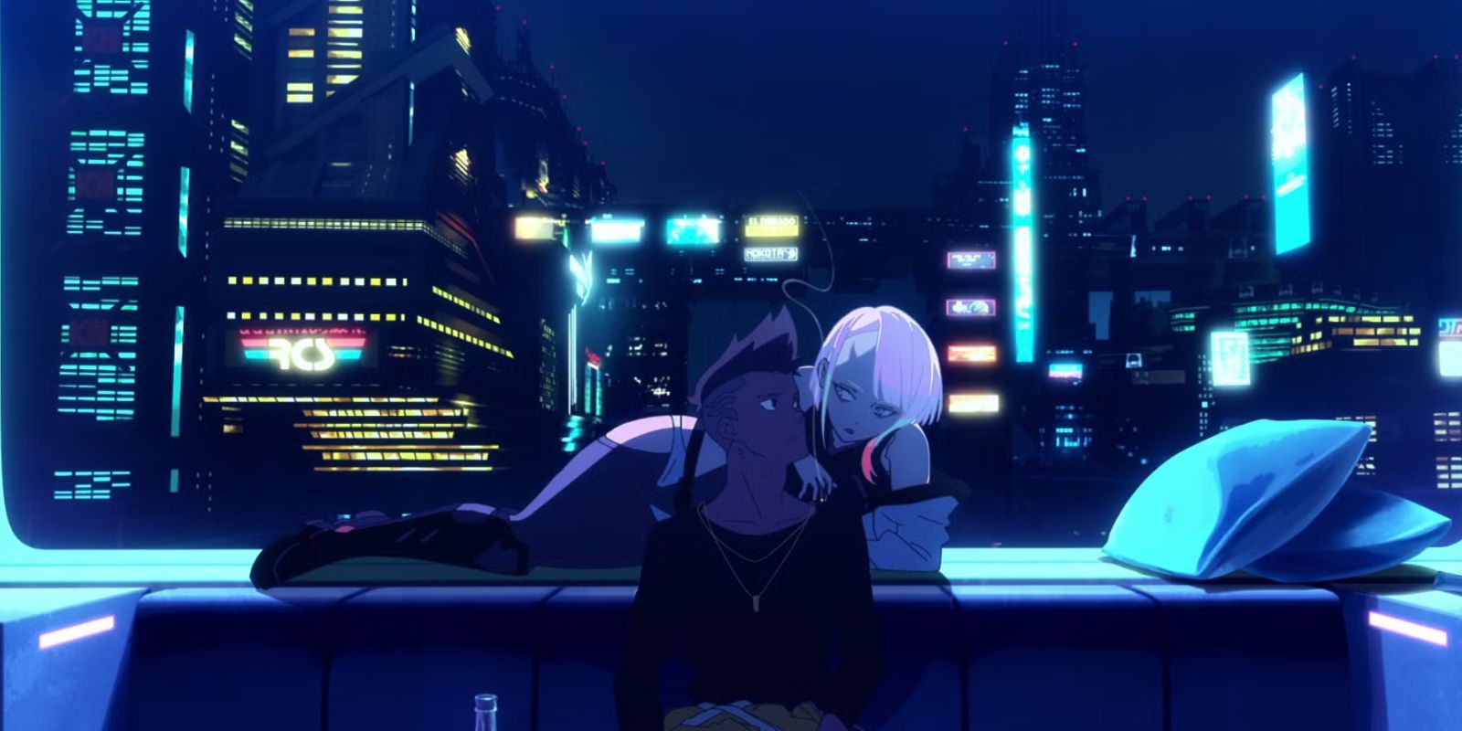 A boy and a girl talking with a neon-lit city in the background in Cyberpunk Edgerunners.