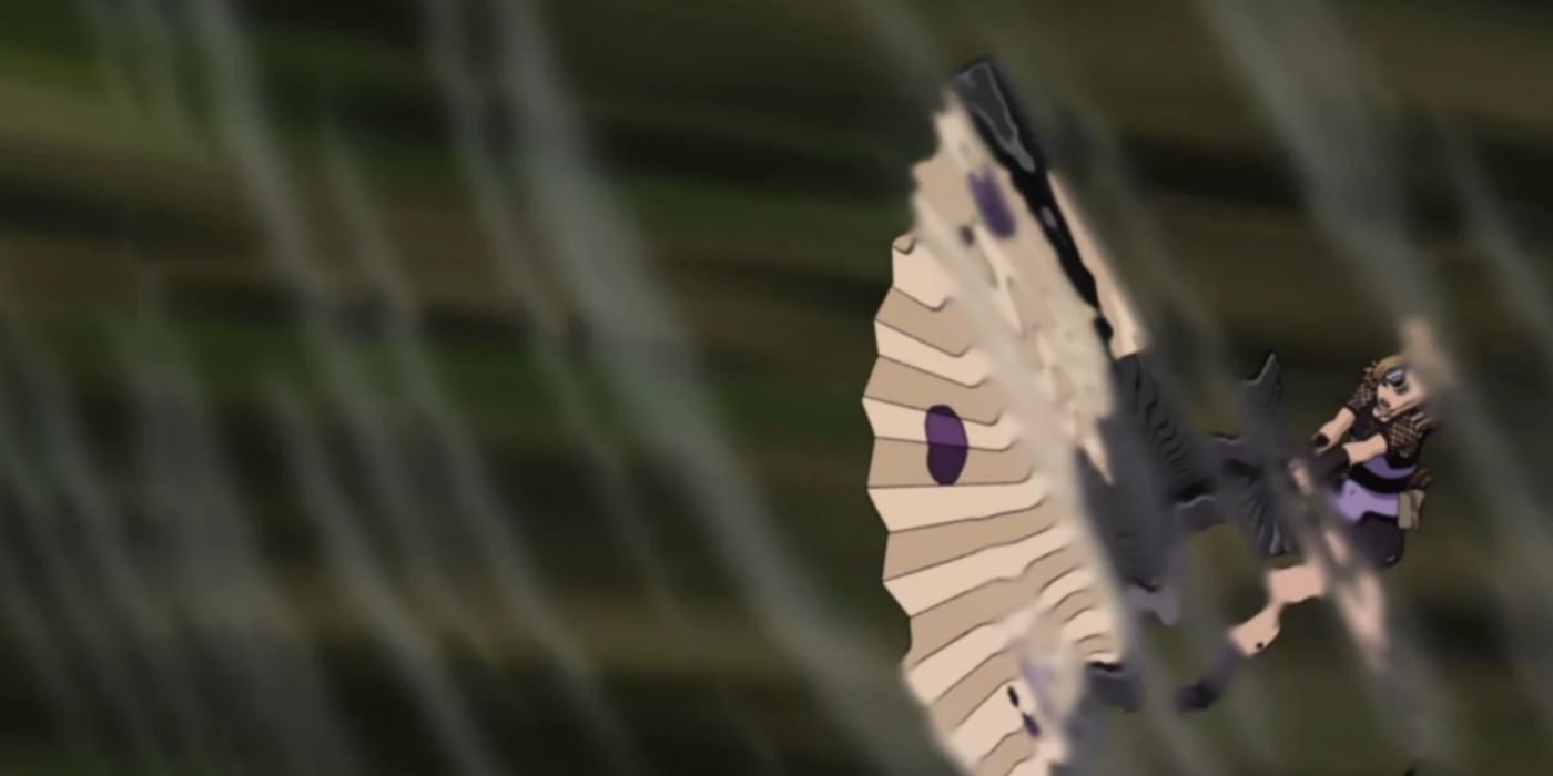 Temari gusting wind with a big fan in Naruto.