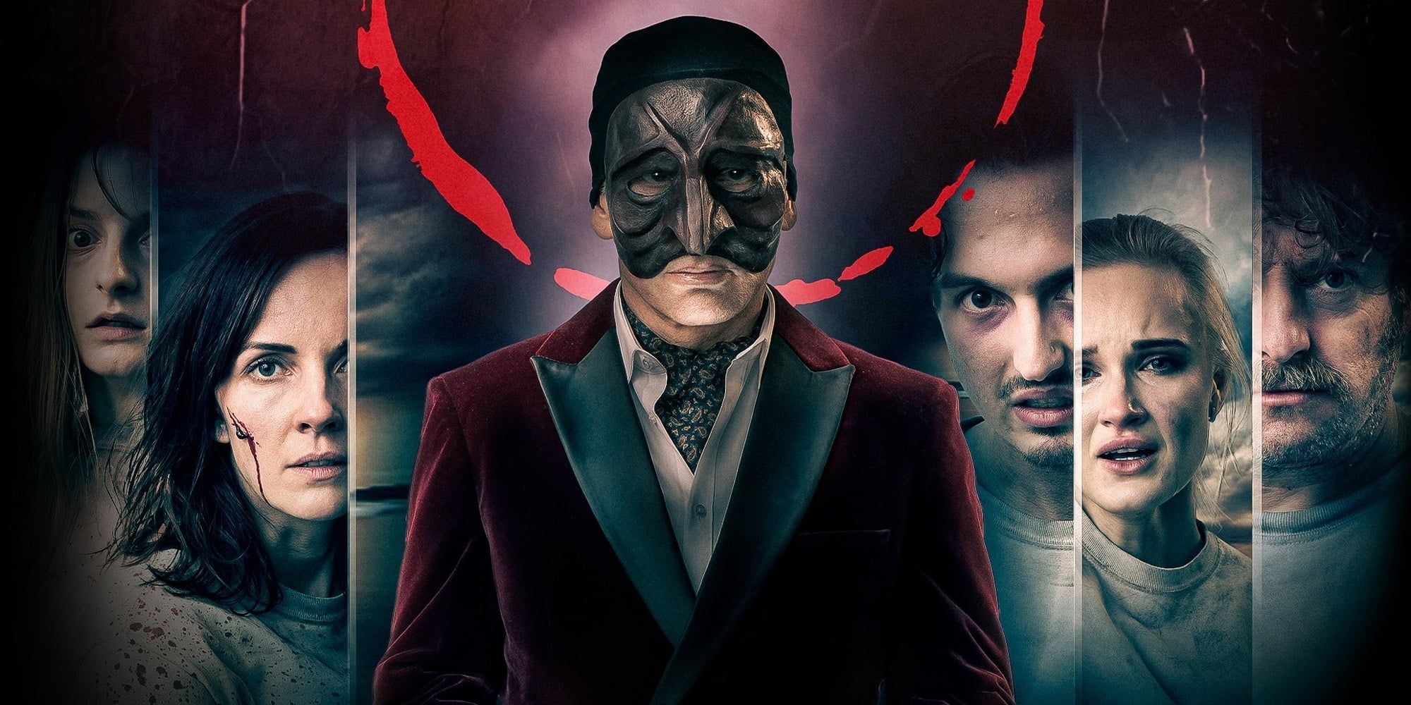A masked man in a smoking jacket stands surrounded by five scared-looking people in DarkGame.