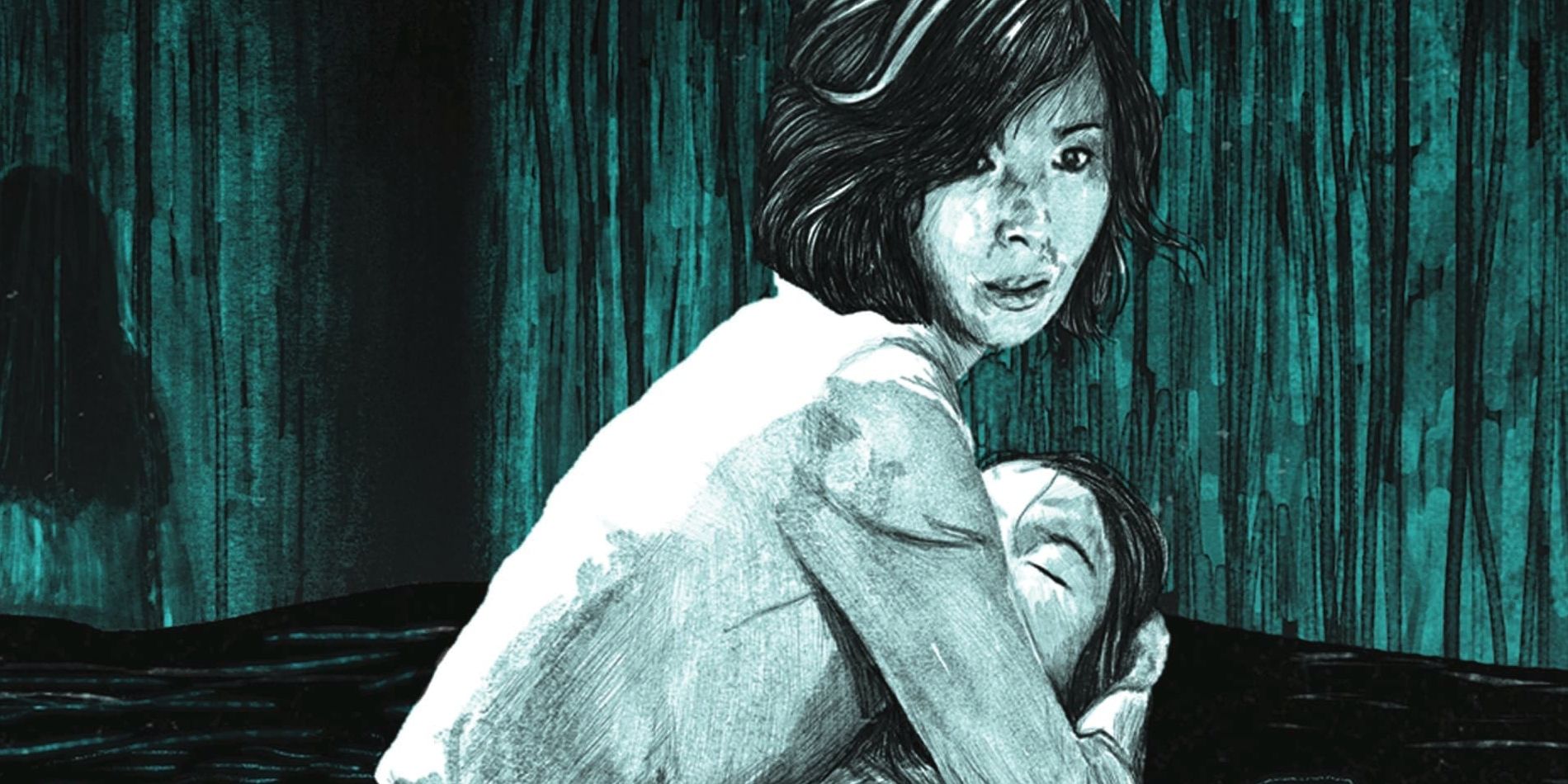 A dark blue illustration of a woman in waist-deep water, clutching a child.