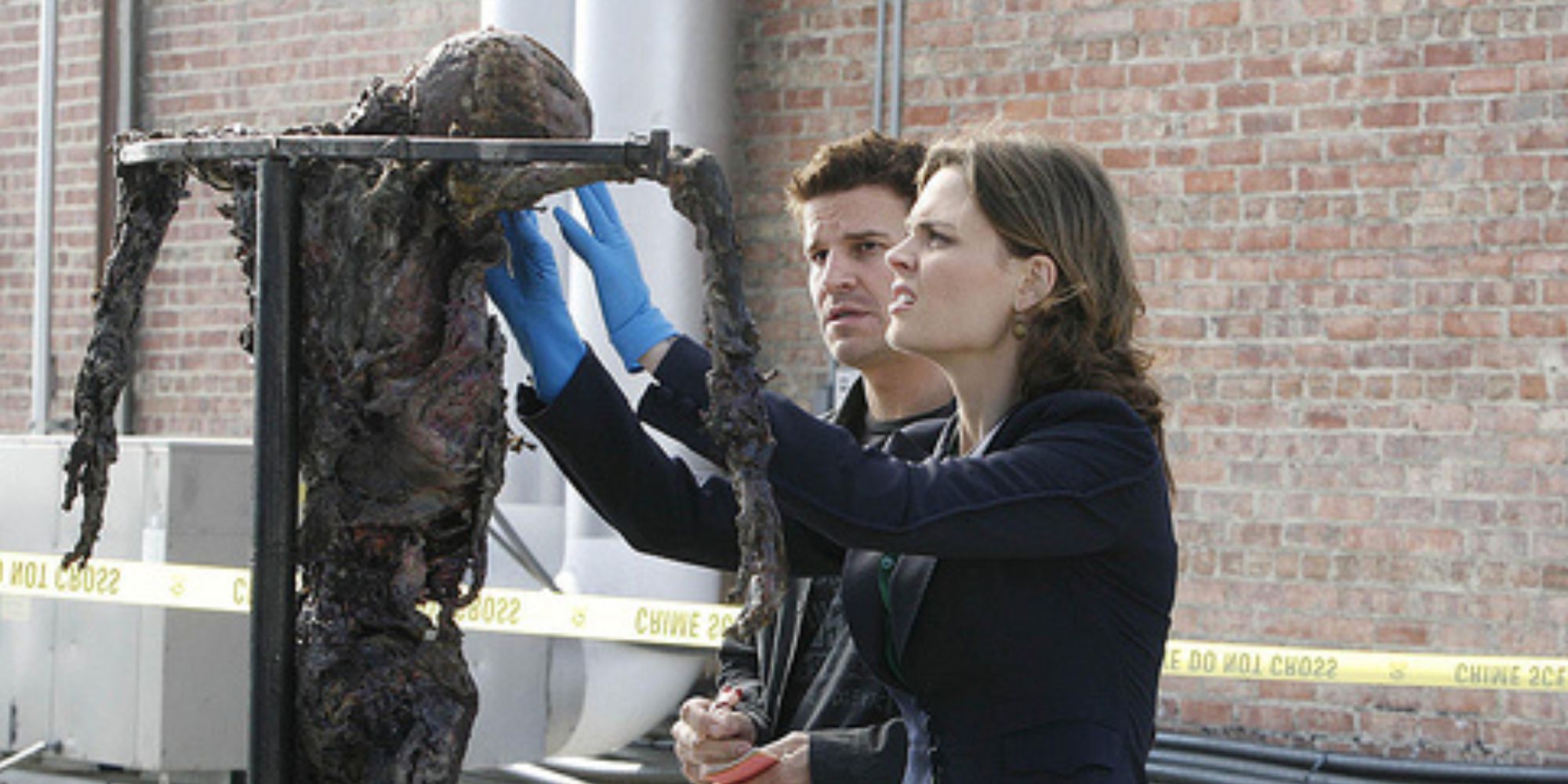 David Boreanaz, Emily Deschanel look at a decomposed body hanging on a pole in Bones episode Judas on a Pole.