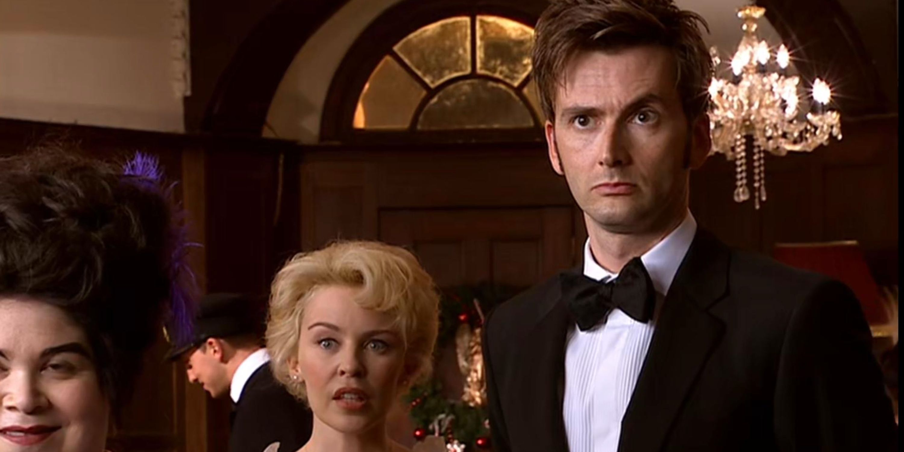 David Tennant and Kylie Minogue looking nervous in "Voyage of the Damned"