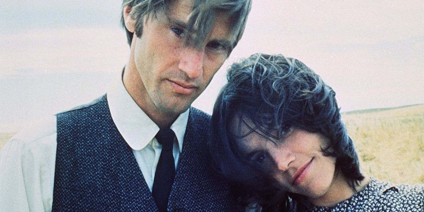 Sam Shepard's The Farmer smiling with Brooke Adams' Abby for Days of Heaven