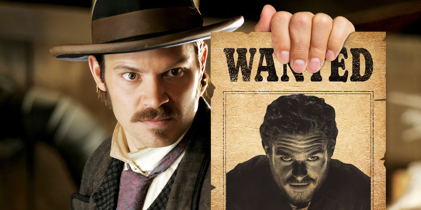 Timothy Olyphant from Deadwood holding a Wanted poster of Richard Madden in Klondike