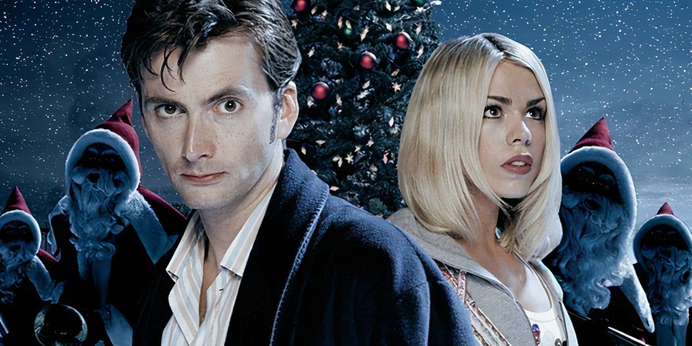 The Doctor and Rose with goblins dressed as Santa behind them in Doctor Who