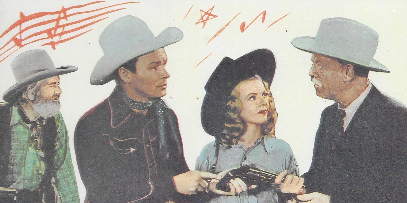 Roy Rogers and costars talk about a weapon in a poster for Don't Fence Me In.