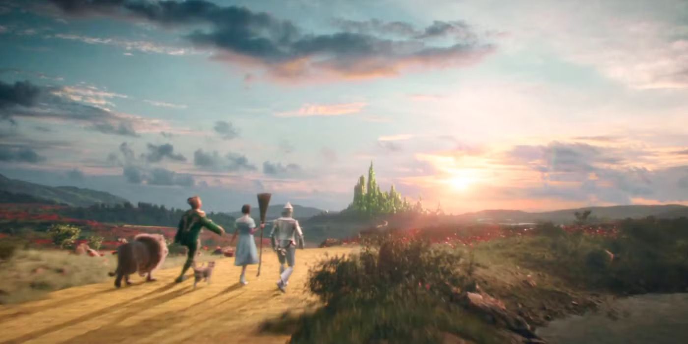 The lion, scarecrow, Toto, tin man, and Dorothy walk down the yellow brick road in the opening of Wicked.
