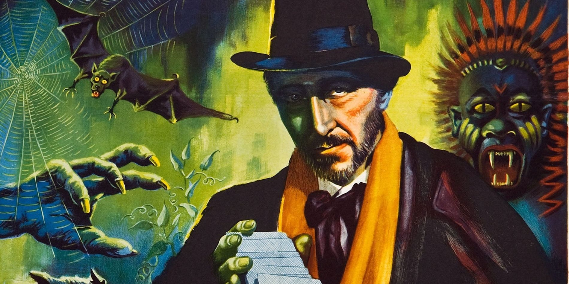 An illustration of Peter Cushing as Dr. Shreck, shuffling a deck of tarot cards while surrounded by plants, a bat, a clawed hand and a native tribal mask.