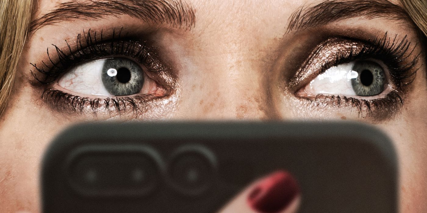 A closeup shot of Meghann Fahy&rsquo;s eyes darting away from her smartphone on the poster for Drop.