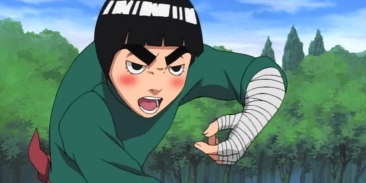 A drunken Rock Lee prepares for a fight in Naruto.