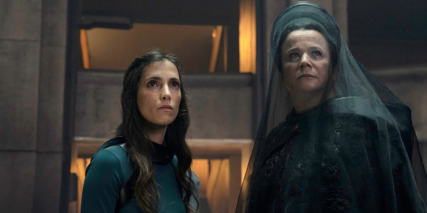 Sarah Sofie-Boussnina and Emily Watson standing next to each other and looking up in Dune Prophecy 