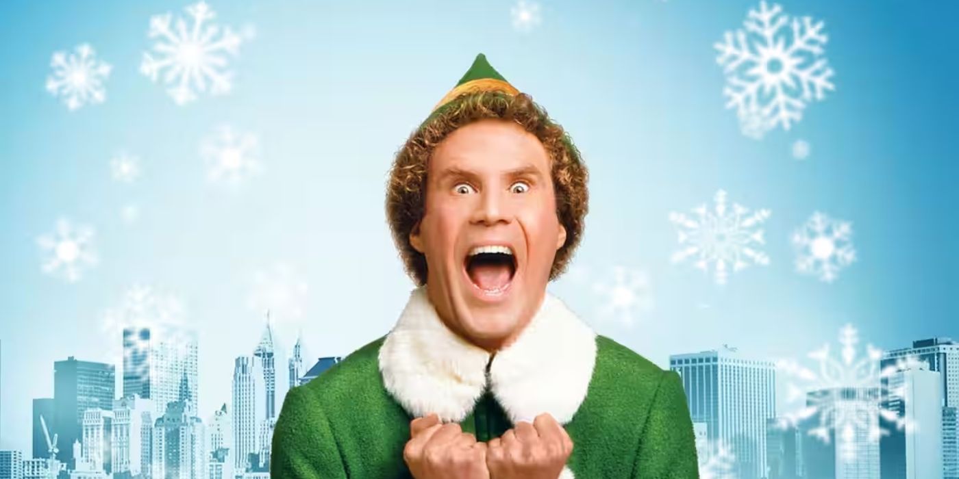 Will Ferrell as Buddy the Elf looking very excited against a blue snowy city backdrop in a poster for Elf.