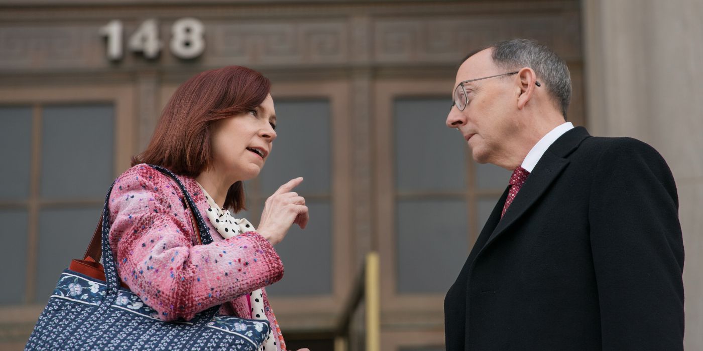 Carrie Preston and Michael Emerson facing off outside court in Elsbeth Season 2 Episode 7