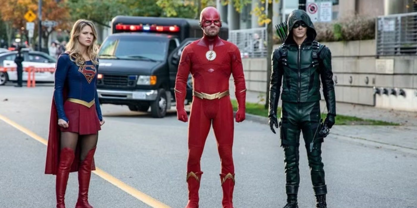 Kara Danvers, Oliver Queen, and Barry Allen in the Elseworlds crossover event.