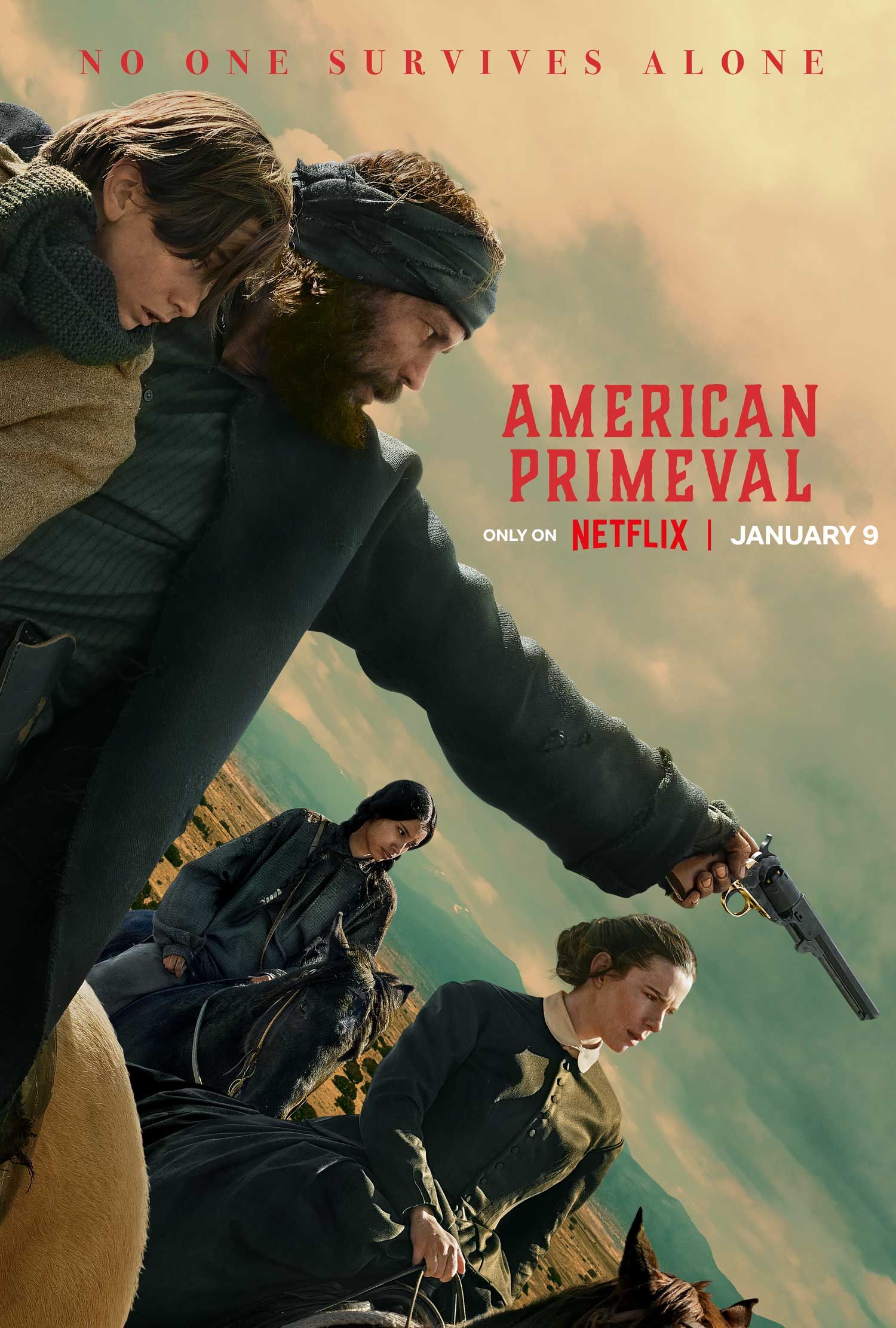 Taylor Kitsch sits up on a horse and fires a gun while Betty Gilpin looks into the distance in a poster for &lsquo;American Primeval&rsquo;