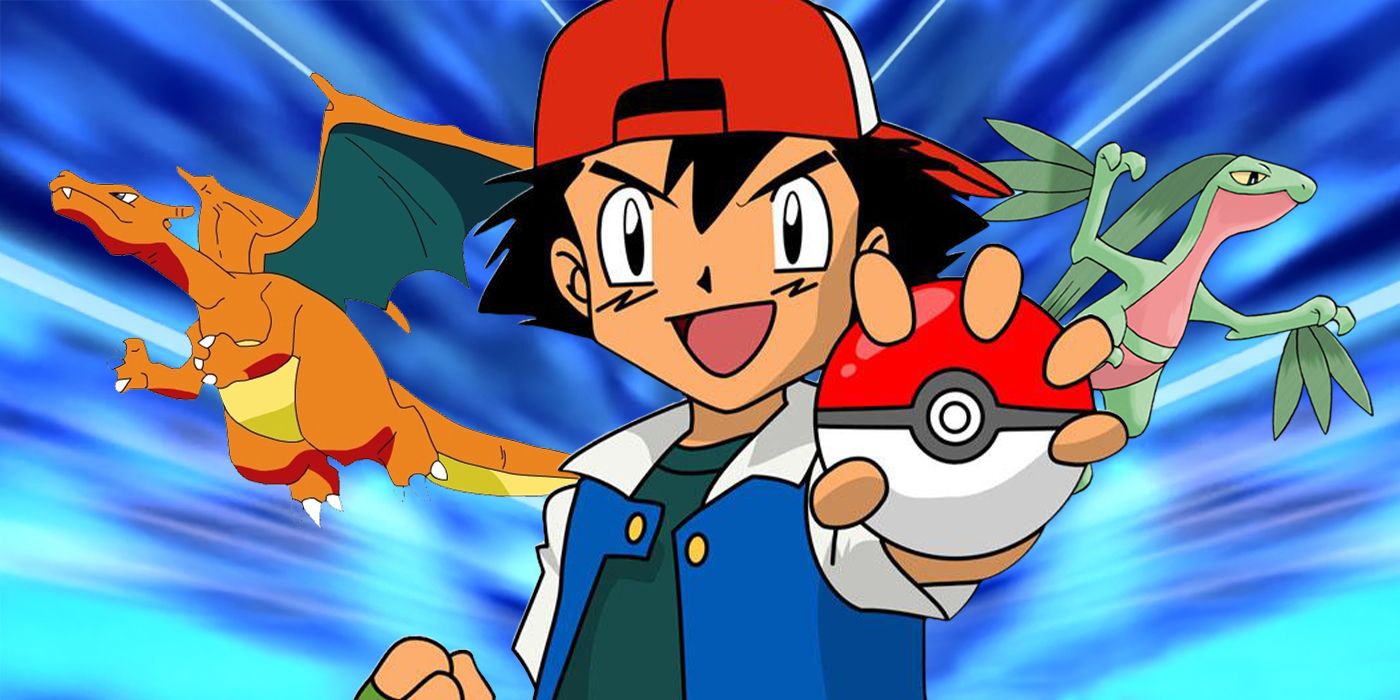 Blended image showing Ask Ketchum holding a Pokéball with Charizard and Groville on the sides