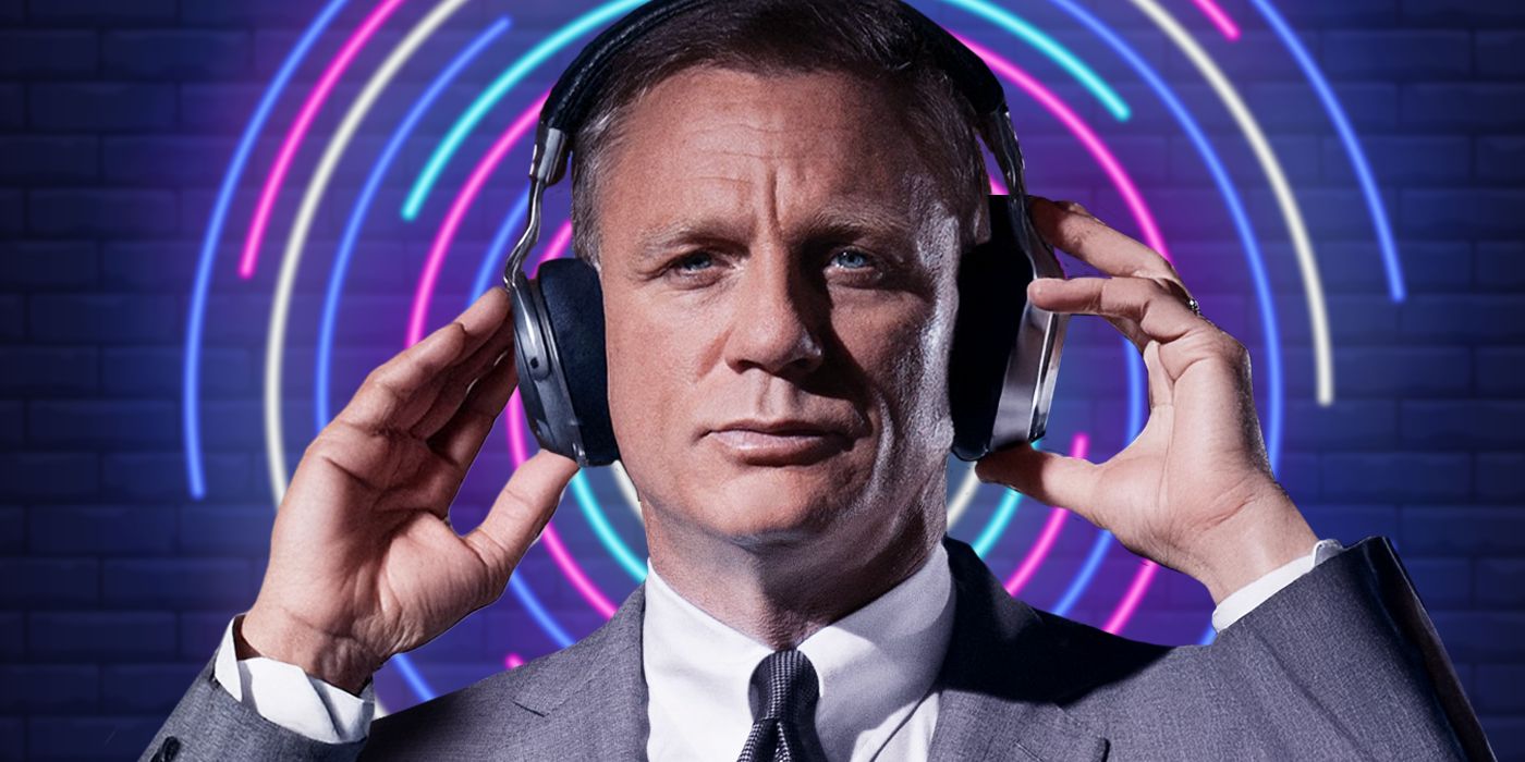 Blended image showing Daniel Craig with headphones