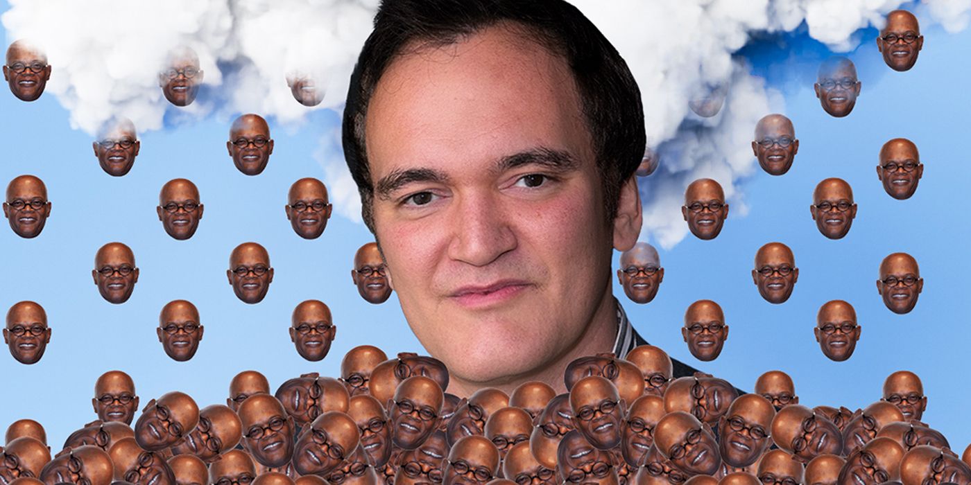 Quentin Tarantino surrounded by Samuel L. Jackson's heads