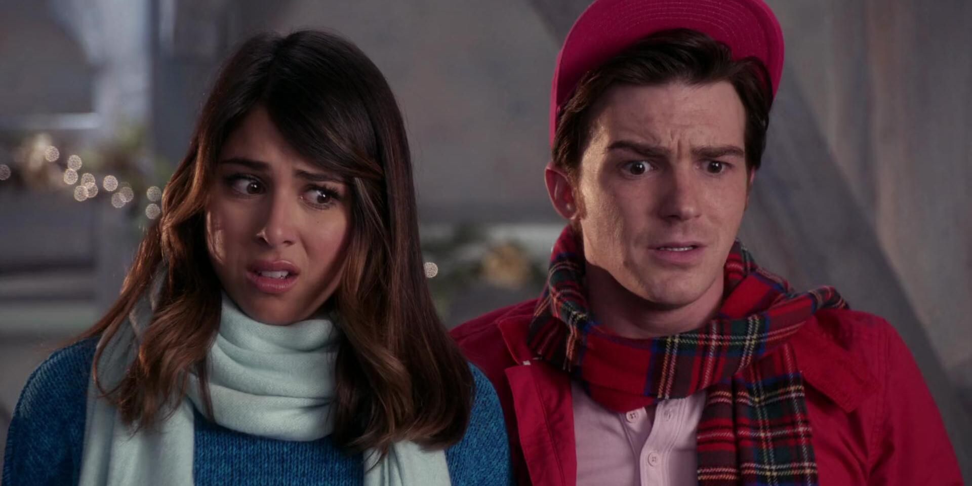 Drake Bell as Timmy Turner and Daniella Monet as Tootie wearing winter gear and scarves in 'A Fairly Odd Christmas'