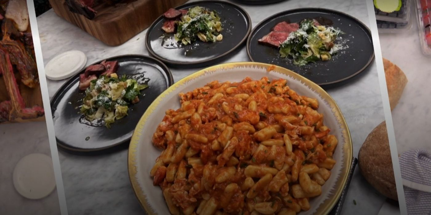 A still photograph of Ricotta Cavatelli and Bistecca on 'Selena + Chef'.