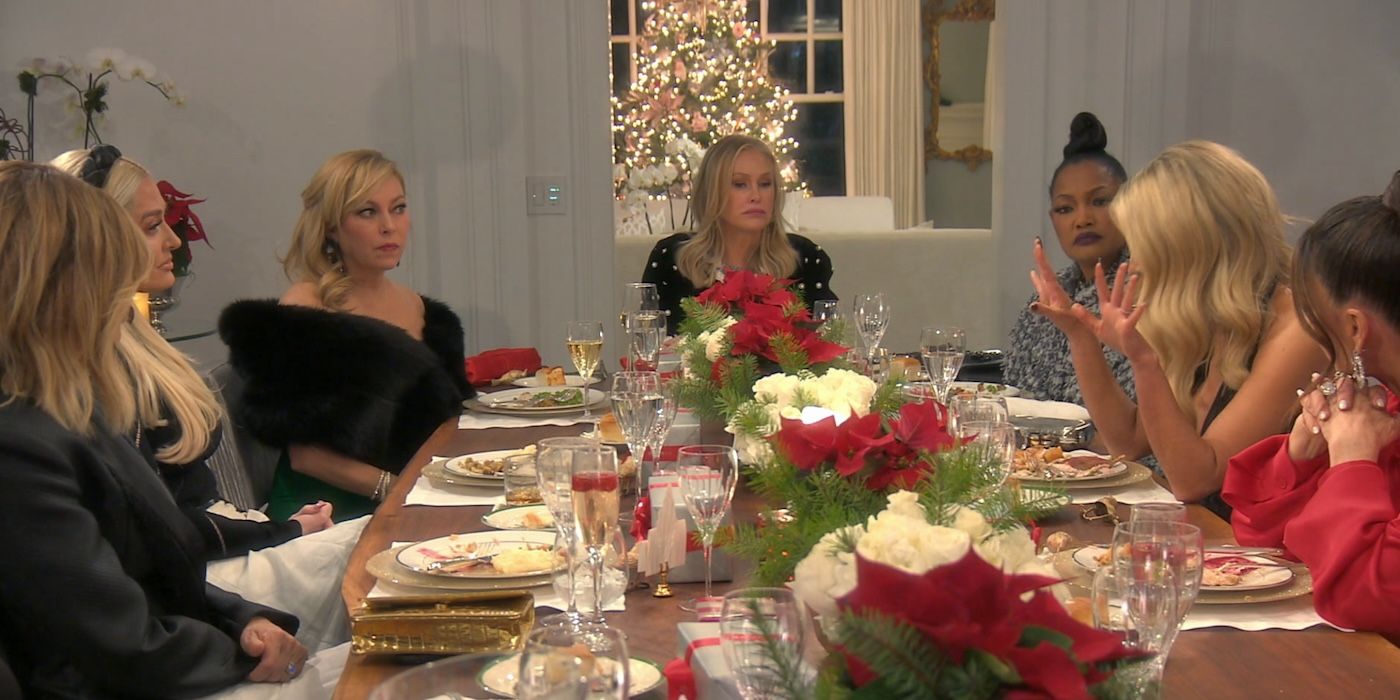 The cast of 'The Real Housewives of Beverly Hills' at a holiday dinner party. 