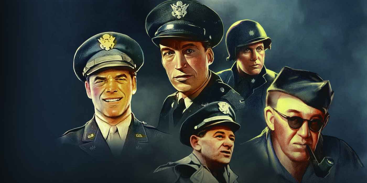 John Ford, William Wyler, John Huston, Frank Capra, and George Stevens in artwork for Five Came Back