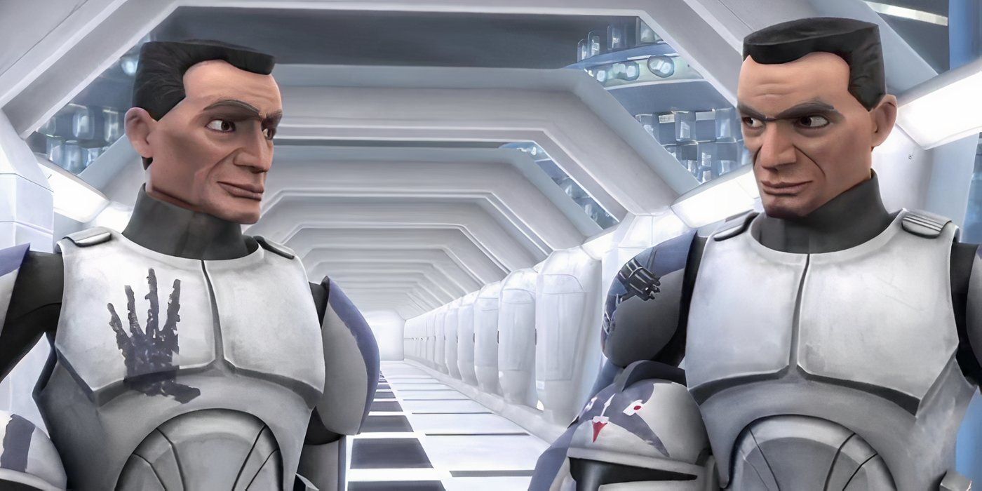 Fives and Echo looking at each other in Star Wars: The Clone Wars