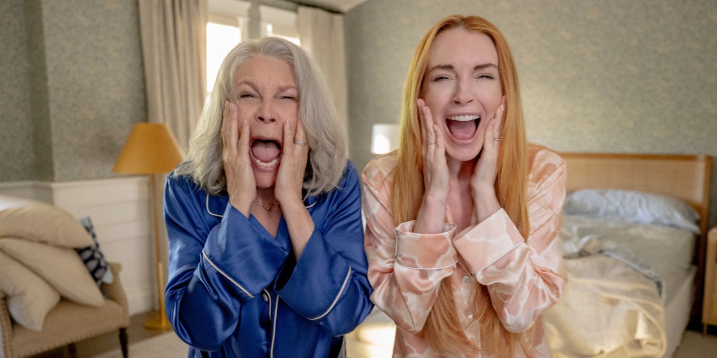 Jamie Lee Curtis and Lindsay Lohan screaming as Tess and Anna in Freakier Friday.