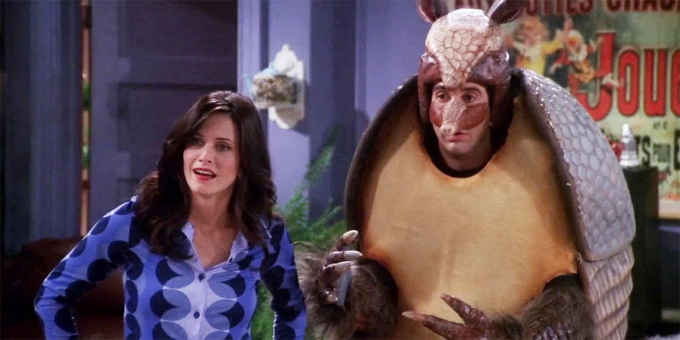 David Schwimmer in an armadillo standing next to Courteney Cox in Friends