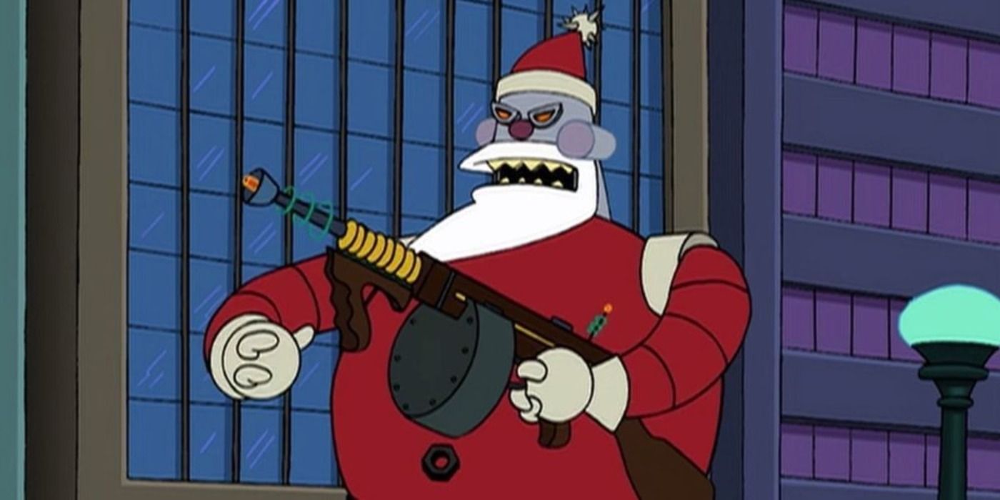 Robot Santa is preparing to shoot Fry and Leela