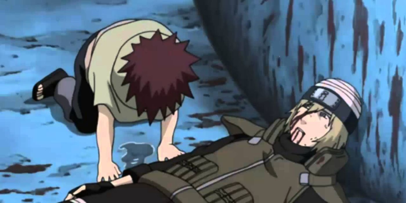 A young Gaara in front of a dead body in Naruto.