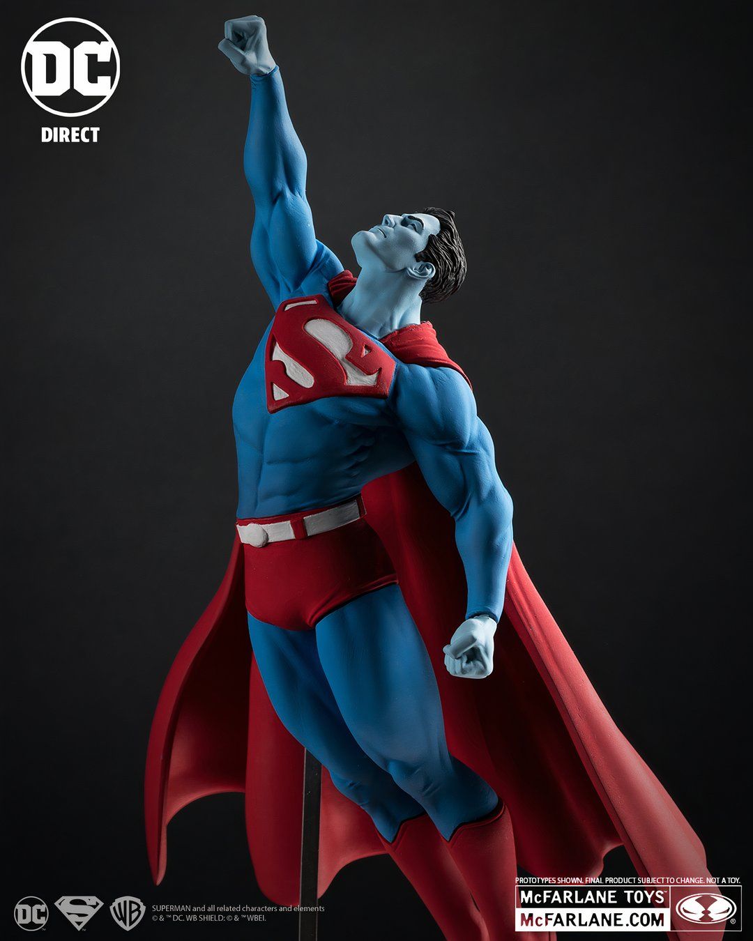 10 scale resin DC Direct statue from McFarlane Toys sees the Man of Tomorrow soaring high in the air in a classic pose. This Superman is based on a design by popular comic artist Gary Frank. The giant “S” symbol is instantly recognizable with the stylistic choice of having a muted, almost cold, blue color scheme making the red on Superman's suit really pop.