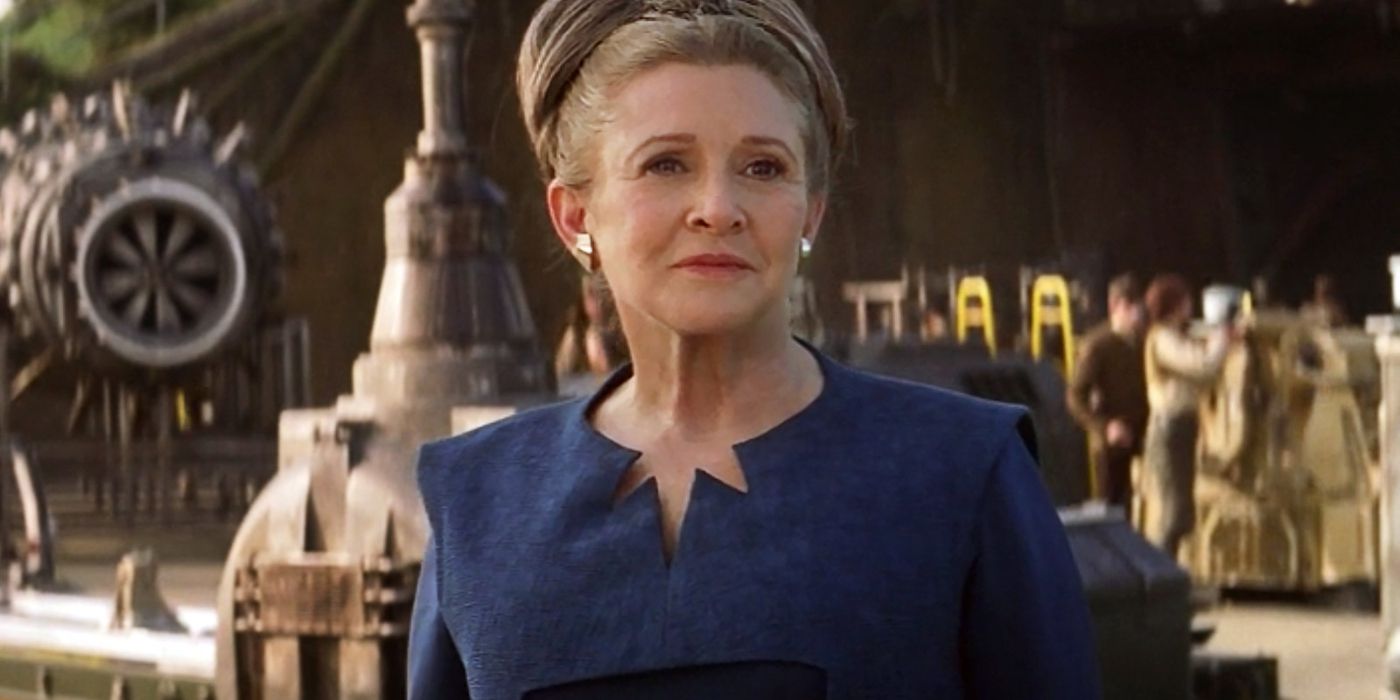 General Leia Organa looks into the near distance in the Star Wars franchise The Force Awakens.