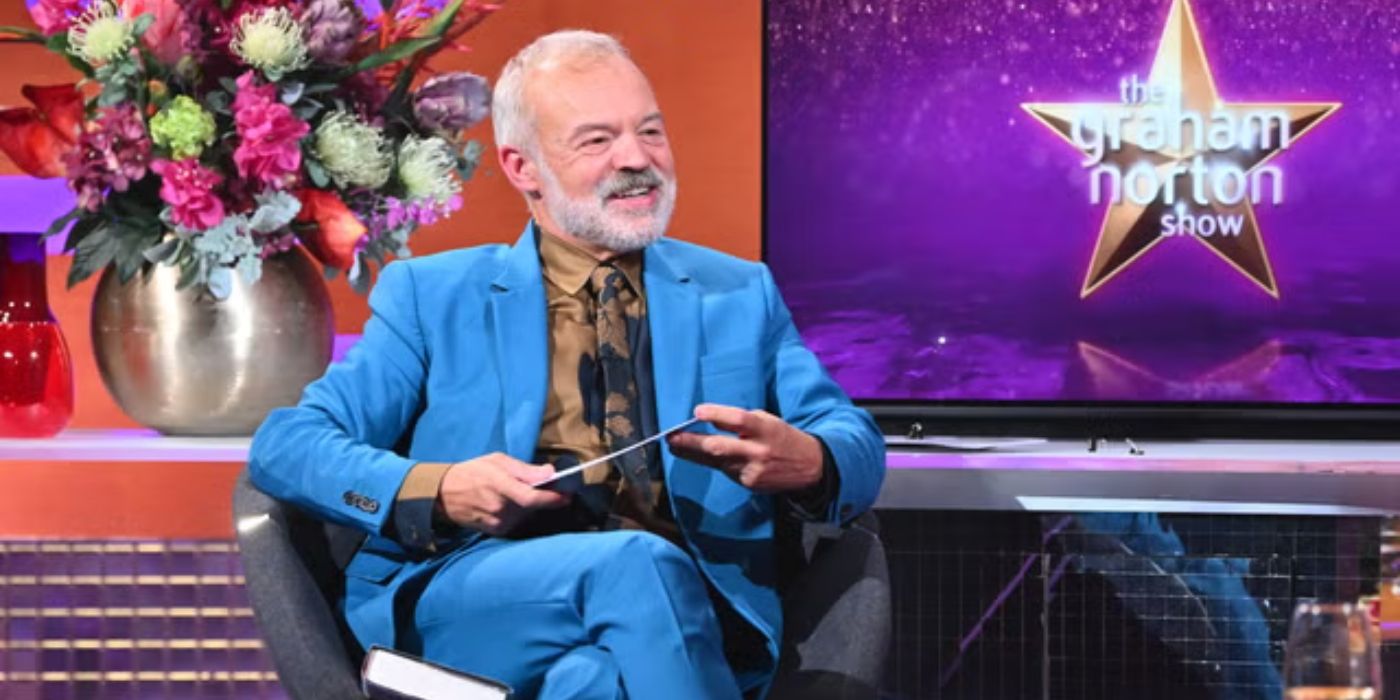 Graham Norton in a blue suit during 'The Graham Norton Show.'