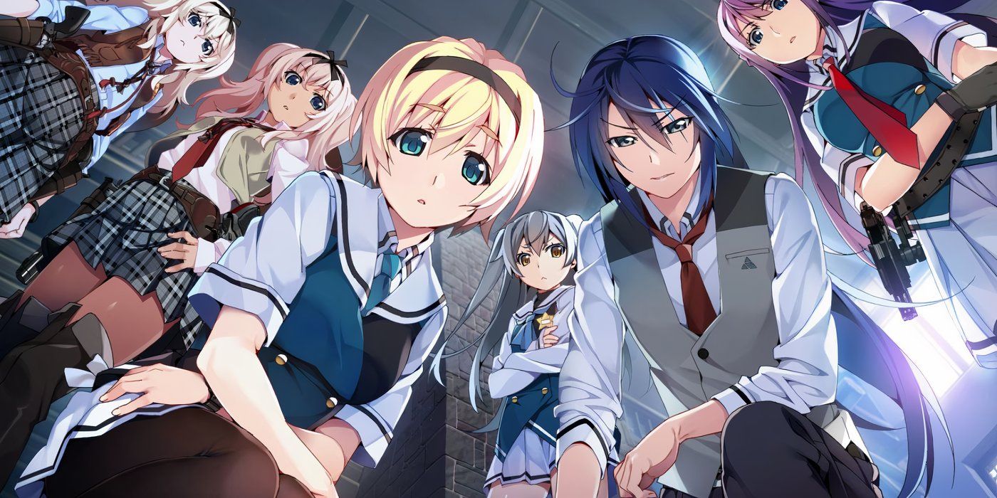 Some of the main characters of Grisaia Phantom Trigger standing in a circle