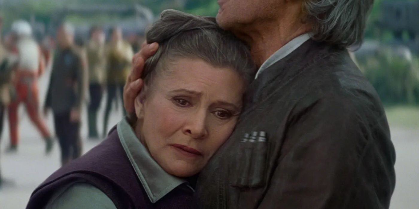 Han holding Leia close in Star Wars: Episode VII - The Force Awakens